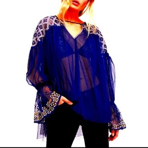 Free People BOHO Joyride Embroidered lace navy top blouse long sleeves Small
